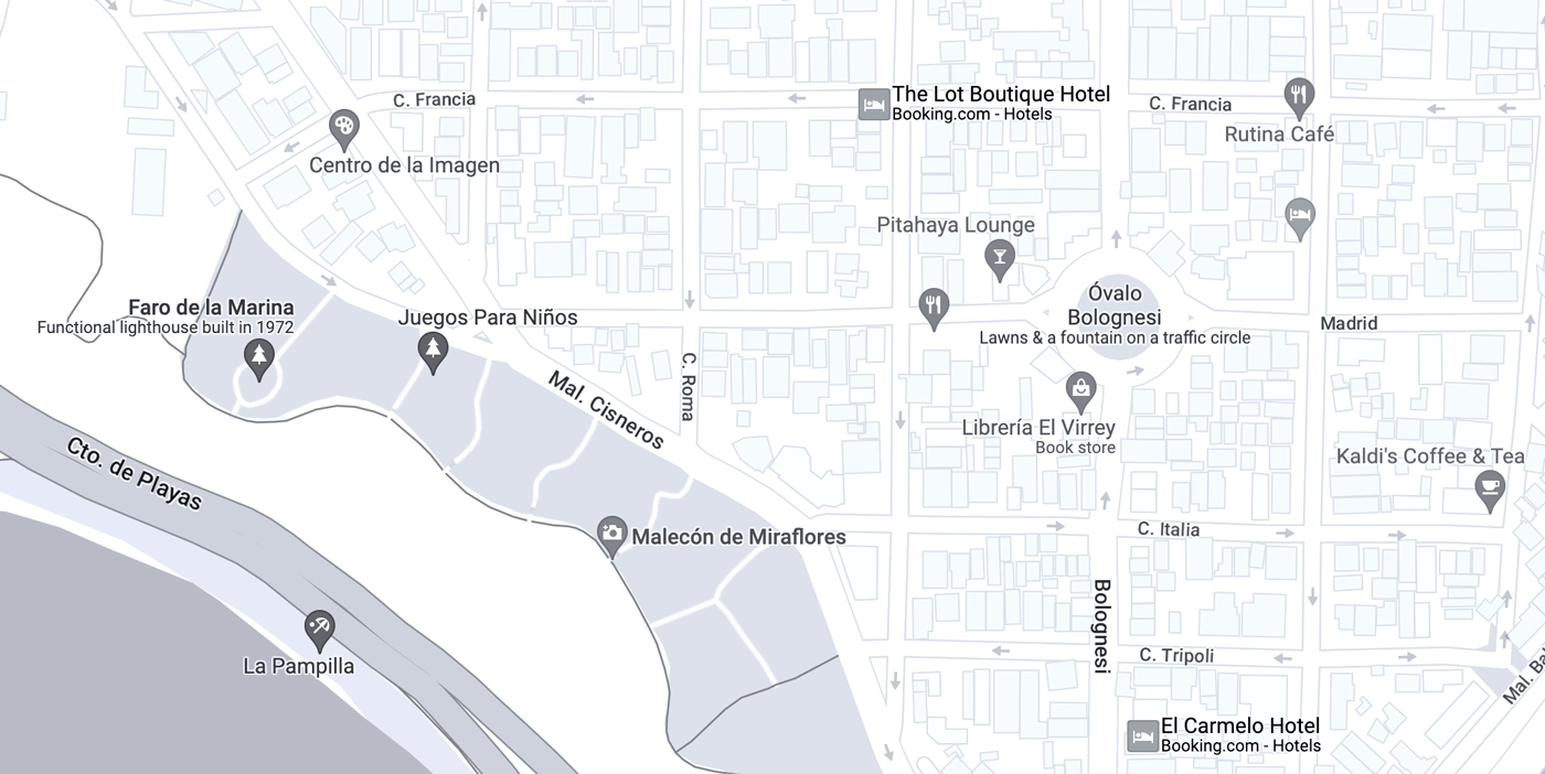 Imagen de mapa referencial de la zona de Miraflores en Lima, Perú